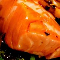 Norwegian Salmon · Steamed or pan-seared topped with black bean sauce and wilted spinach. (DEFAULT is pan-seared)
