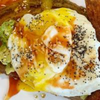 Avo Control · *savory option* sweet potato protein waffle topped with smashed avocado (with lemon juice, b...