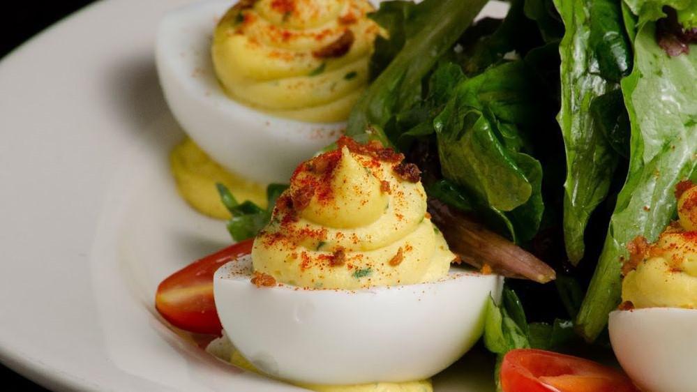 Devilled Eggs · Bacon, Paprika and Mixed Greens.