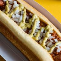 Chili Dog · Crif Dog, chili, diced onion, and mustard.