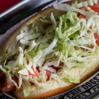 L.T · Bacon-wrapped Crif Dog, lettuce, tomato, and mayo.