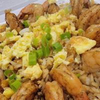 Arroz Chaufa De Camarones · Shrimp Stir Fry Rice with Eggs & Scallions