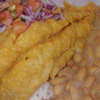 Pescado Frito C. Frijoles, Arroz Y Sarza · Fried Fish Filet served over Beans and White rice, served with side of Sarza