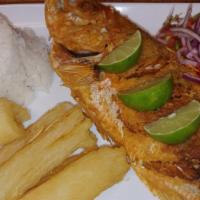 Pargo Entero C/ Yuca Frita, Arroz Y Sarza · Fried Whole Red Snapper served with Fried Yuca, White rice and side of Sarza