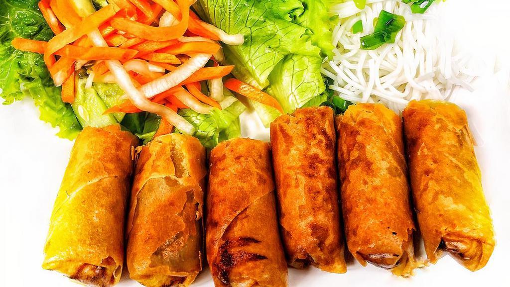 Spring Rolls (3 Roll) - Chả Giò · A combination of shrimp, crab meat, pork, and vegetables wrapped in rice paper and deep-fried served with lettuce, mint, vermicelli, and fish sauce.