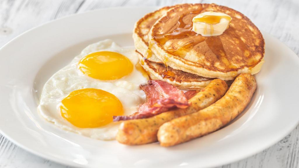 Lumberjack · Fluffy pancakes, 2 eggs any style, and choice of protein.