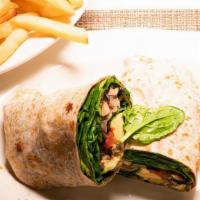 California Veggie Wrap · Grilled fresh eggplant, portobello mushroom, avocado, roasted peppers and spinach with grate...