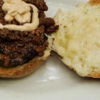 Spicy Chili Burger · Topped with chili, cheddar cheese, and chipotle mayo.