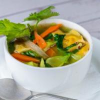 Wonton Soup · Clear soup with ground chicken wrapped in wonton, bok choy, carrot, celery, garlic oil and c...
