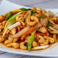 Cashew Nut Sauce · Spicy. Sautéed onions, carrot, red bell peppers, scallions and cashew nuts with chili paste ...