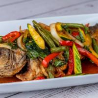 Striped Bass Crispy Basil · Spicy. Fried whole striped bass topped with sautéed string bean, onion, red bell peppers and...