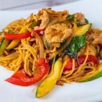 Spicy Noodles Basil · Spicy. Stir-fried spaghetti with spicy chili paste, string beans, onions, bell peppers, zucc...
