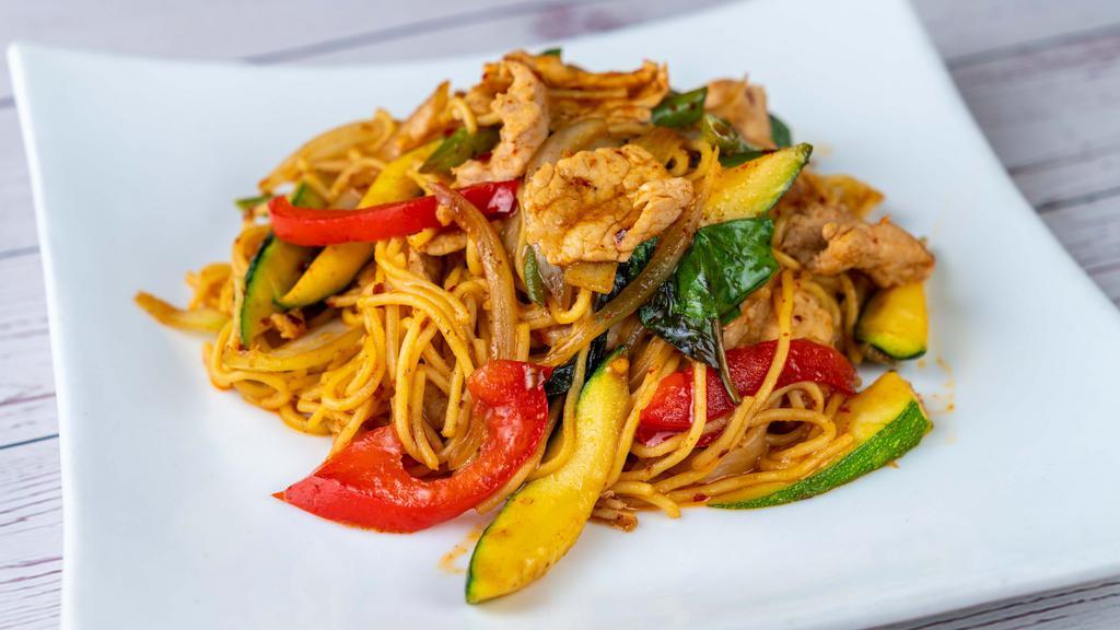 Spicy Noodles Basil · Spicy. Stir-fried spaghetti with spicy chili paste, string beans, onions, bell peppers, zucchini and basil leaves.