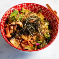 Dragon Bowl (Cooked) · Eel, shrimp, octopus, cucumber, edamame, green onion, pineapple, mixed with yuzu, topped wit...