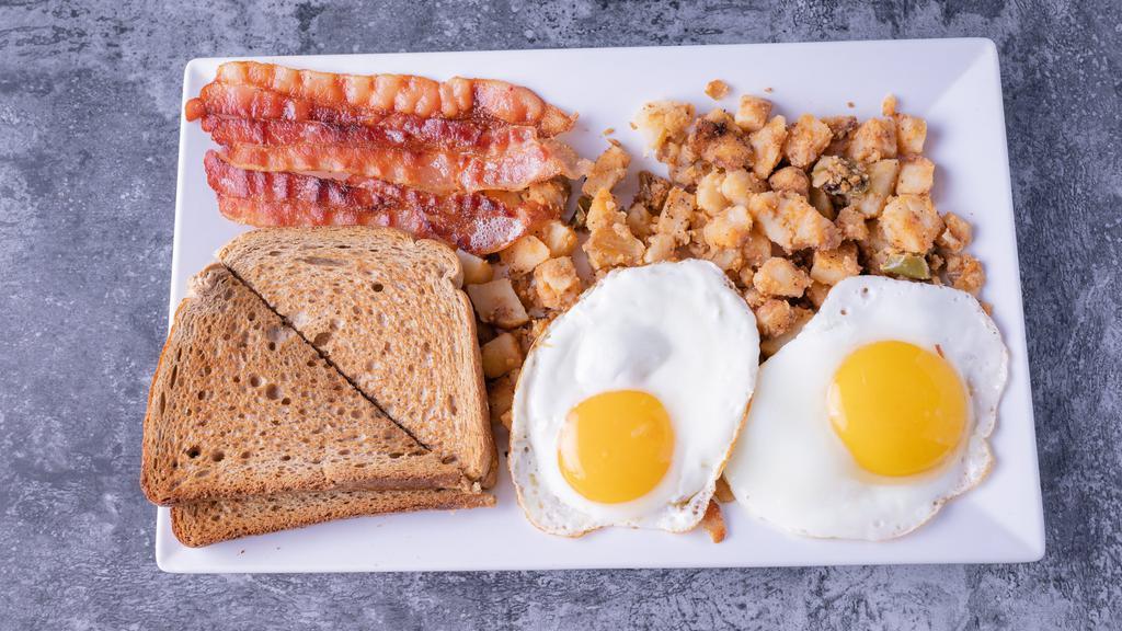 2 Eggs Any Style With Bacon Platter · Served with home fries and toast.
