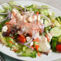 Greek Salad (Small) · lettuce, tomato, cucumbers, peppers, onions, olives, feta