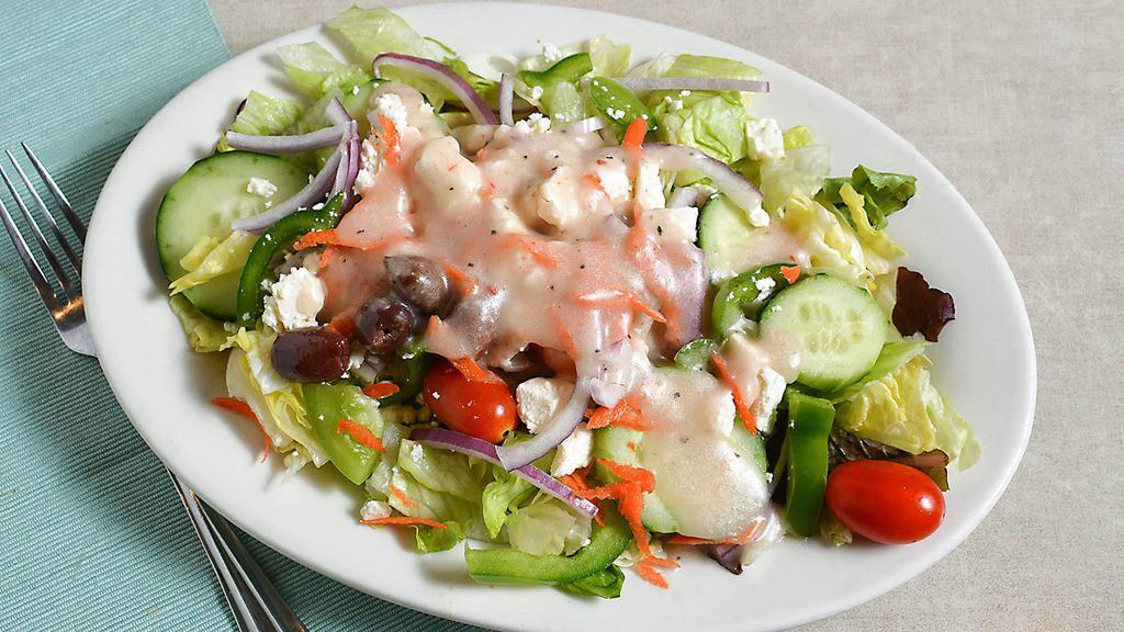 Greek Salad (Large) · lettuce, tomato, cucumbers, peppers, onions, olives, feta