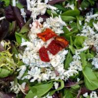 Small Gorgonzola Salad · Mesclun greens, sundried tomatoes, fresh tomatoes, gorgonzola, balsamic vinaigrette.