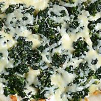 White Broccoli Or Spinach Pizza · Spinach or broccoli, ricotta, mozzarella and Romano. No sauce.