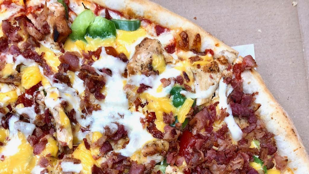 Alamo Pizza · Grilled chicken, bacon, peppers, mozzarella and cheddar cheese.