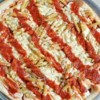 Pasta Pizza · Pasta, ricotta, mozzarella and Romano with a strip of tomato sauce.