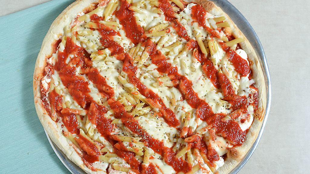 Pasta Pizza · Pasta, ricotta, mozzarella and Romano with a strip of tomato sauce.