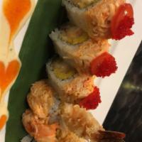 Spicy King Crab Roll · Shrimp tempura, fresh mango, topped w. spicy king crab & red caviar w. chef’s special sauce