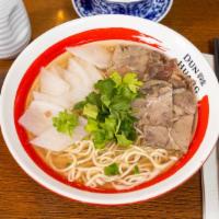 Original Lanzhou Beef Noodles · Pulled noodles topped with slices of beef, radish, cilantro in prime beef broth, without chi...
