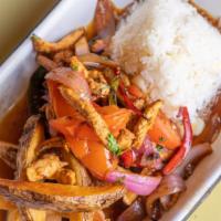 Lomo Saltado · Blazing wok sautéed with your protein selection, red onions, bell peppers, fresh tomatoes, c...