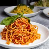 My Favorite Marinara Pasta (Spaghetti) · Fresh tomatoes, olive oil, and basil ground for marinara sauce cooked with spaghetti. Served...