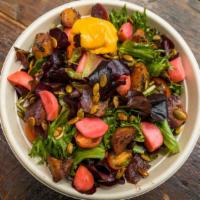 Outlaw Bowl · organic mixed greens, roasted & pickled seasonal vegetables, toasted pumpkin seeds, shallot ...