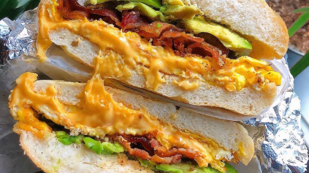Bacon Egg And Cheese W/ Avocado
 · 3 slices of High Quality Crispy Bacon, Fried Eggs and American Cheese on a Roll. Type SPK in the description for the New York Way