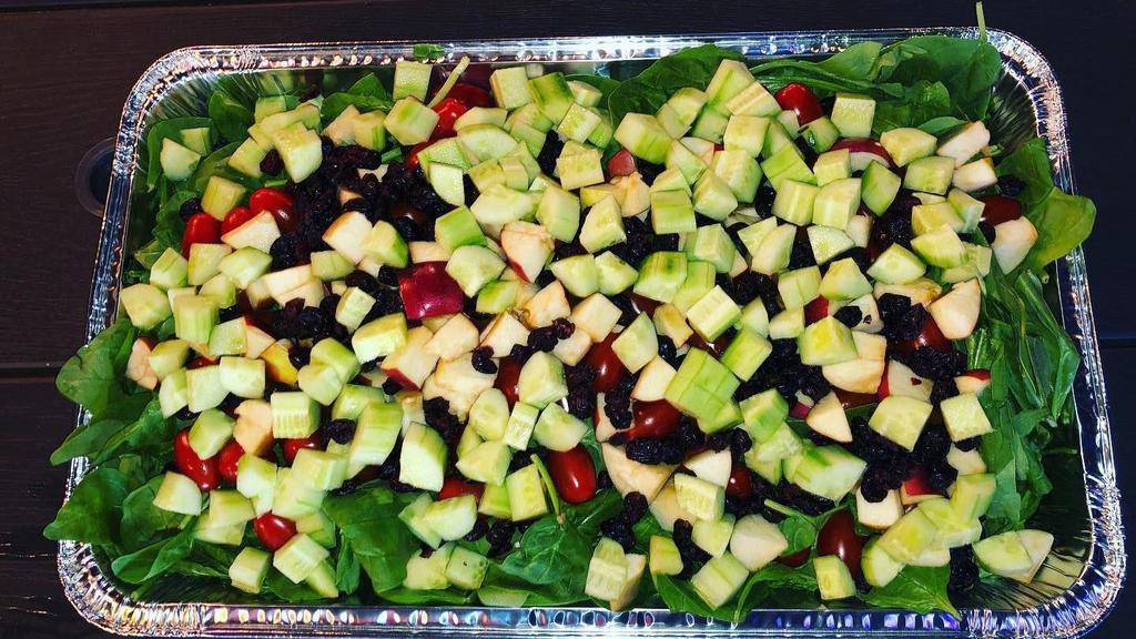 Spinach Mix Salad (32 Oz. Salad) · Served with baby spinach, cherry tomatoes, fresh sliced apples, dried cranberries and diced cucumbers. (Dressing on the side).