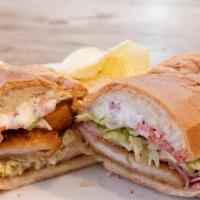 Chicken Cordon Bleu · Breaded chicken, Swiss, ham, lettuce, tomato, and mayo. Half sub.