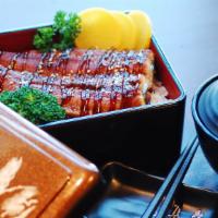 Unagi Don · Eel with rice and miso soup.