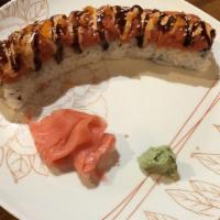 Volcano Dragon Roll · Favorite. Inside: Shrimp tempura and avocado. Top: Spicy tuna with spicy mayo, eel sauce, an...