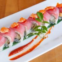 Red Dragon Roll · Inside: Shrimp tempura and avocado. Top: Tuna with ginger sauce, eel sauce, and masago.