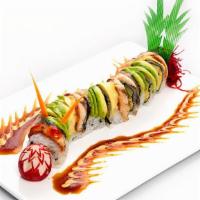Black Dragon Roll · Inside: Shrimp tempura and avocado. Top: Eel with eel sauce.