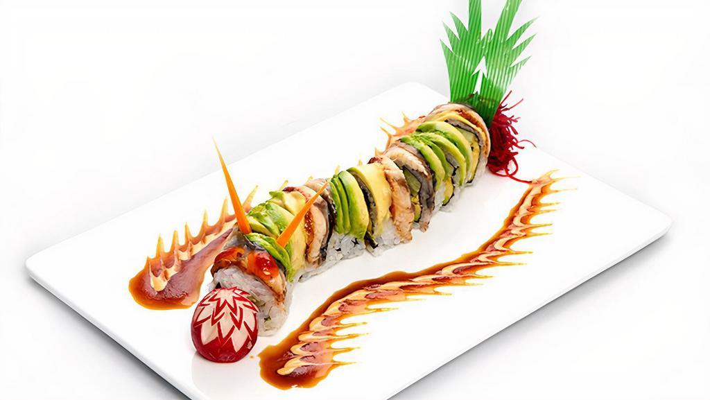 Black Dragon Roll · Inside: Shrimp tempura and avocado. Top: Eel with eel sauce.
