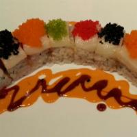 Kim'S Special Roll · Inside: Shrimp tempura and spicy tuna. Top: White tuna with spicy mayo, eel sauce, and 4 col...