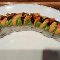 Garden Roll · Inside: Shrimp tempura and spicy crab. Top: Avocado, spicy mayo, and eel sauce with masago.