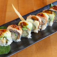 Green Dragon Roll · Inside: Eel, cucumber, and crab, Top: Avocado with eel sauce.