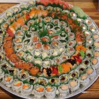 Roll Combo Large Platter · Four pieces of special rolls and 12 pieces of regular rolls.