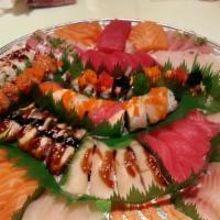 Sushi Sashimi Combo Large Platter · 30 pieces of sushi, 36 pieces of sashimi, and 3 pieces of special rolls.