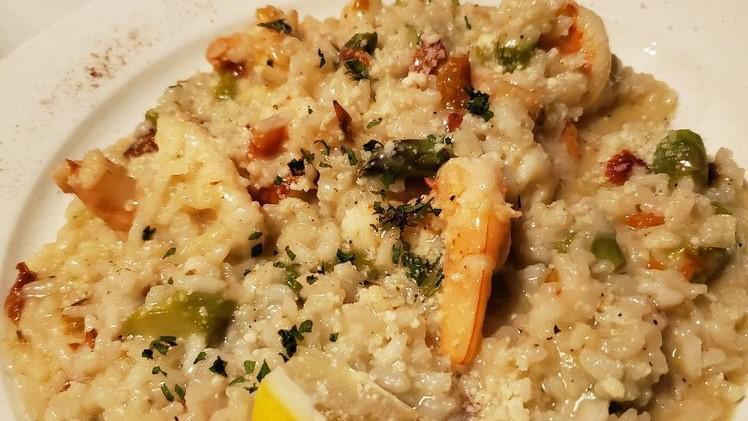 Risotto With Shrimp & Asparagus · Arborio rice, shrimp, fresh asparagus, roasted peppers, garlic, fresh herbs.