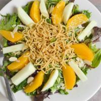 Oriental Salad · Mesclun greens, sliced apples, orange slices, sliced almonds, Chinese noodles and sesame gin...