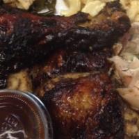 Bbq Jerk Chicken · Chicken grilled with traditional jamaican jerk seasonings slathered in our homemade bbq sauc...