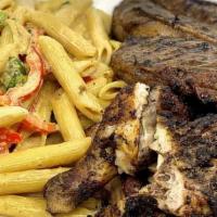 Jerk T-Bone Steak & Chicken · Served with your choice of rasta pasta, rice and peas, mixed vegetables, and mashed potatoes...