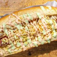 Special Hot Dog · Beef sausage, shredded beef, pork or chicken, mozzarella cheese, smoked bacon, potato chips,...