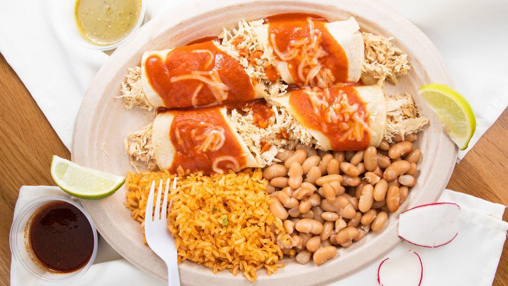 Enchiladas · Choice of meat rolled in a corn tortilla with your choice of red or green sauce.
Comes with beans & rice.